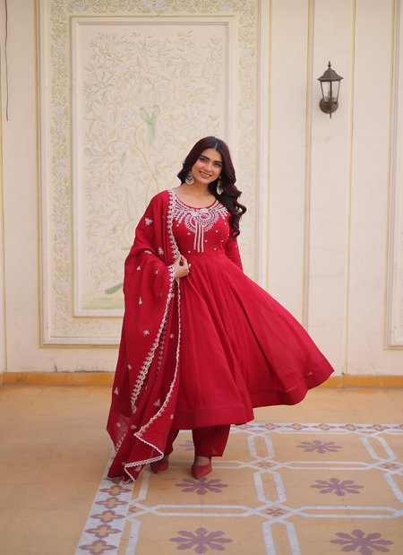 Ka 1246 Mal Chanderi Embroidery Work Gown With Pant And Dupatta Online Wholesale